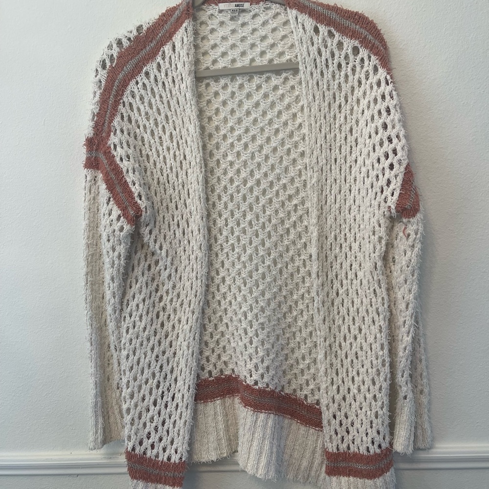 Amuse Society Cream and Pink Cardigan Sweater Open Knit